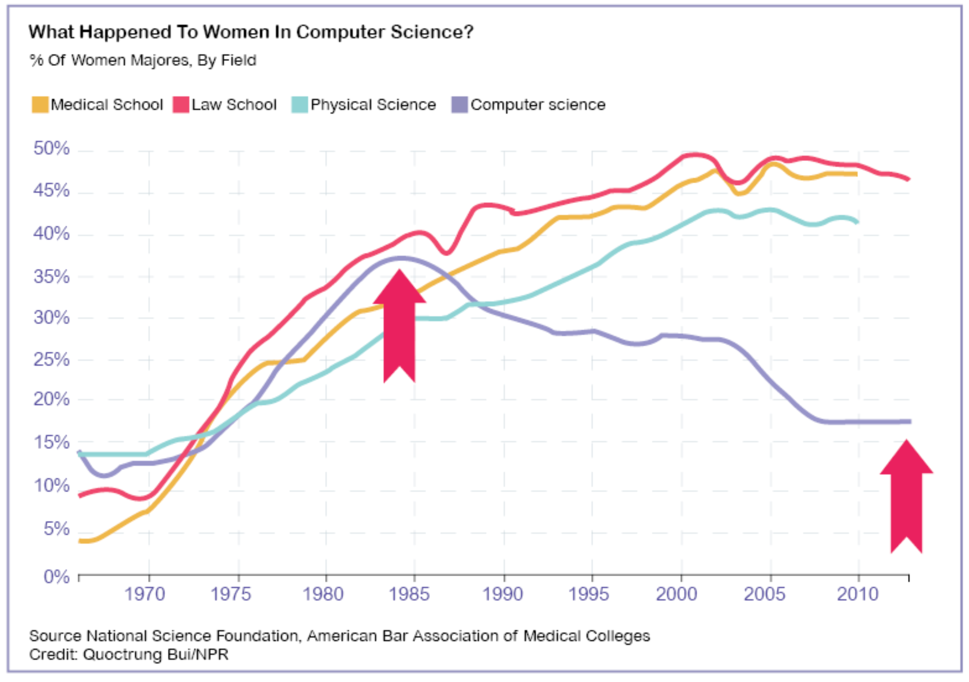 Graph of the 1984-2020 Decrease of Women In Computer Sciences